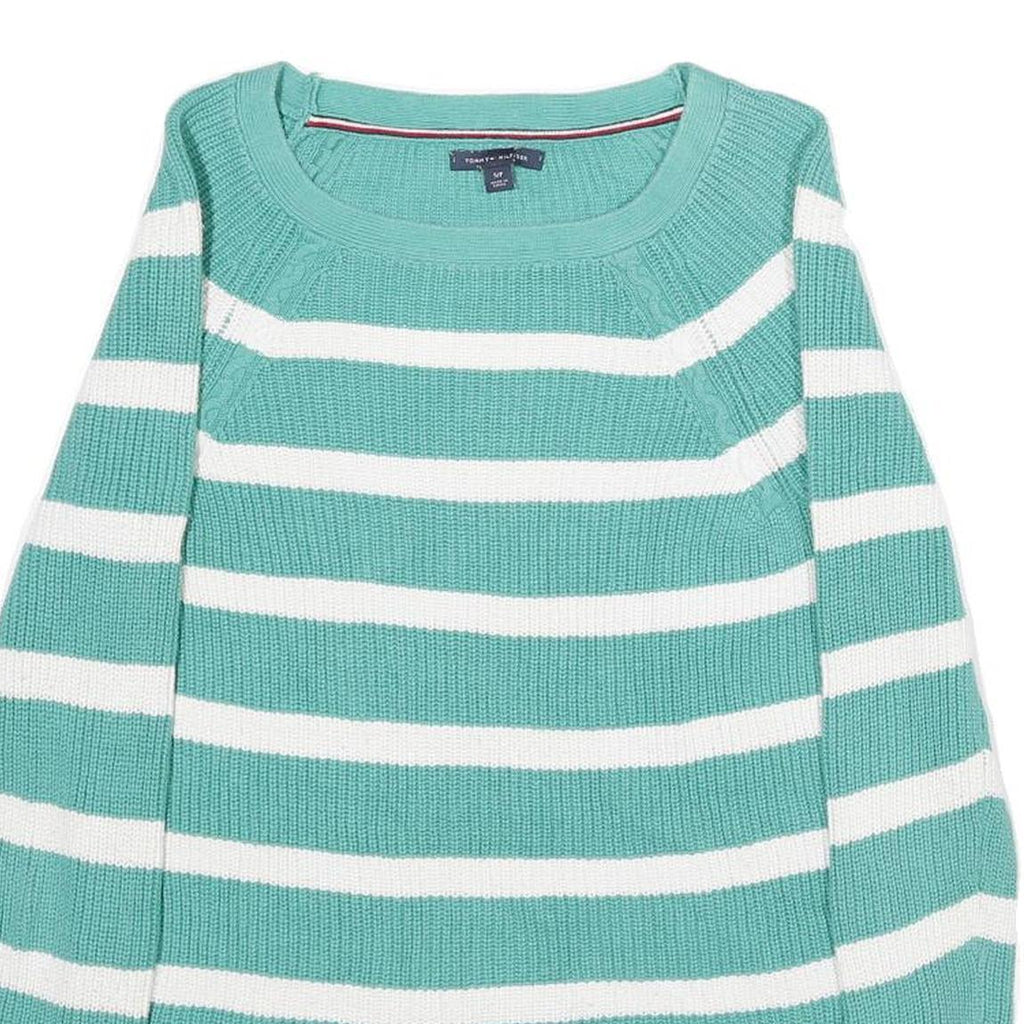 TOMMY HILFIGER Womens Green & White Patterned Cotton Jumper Round Neck Basic