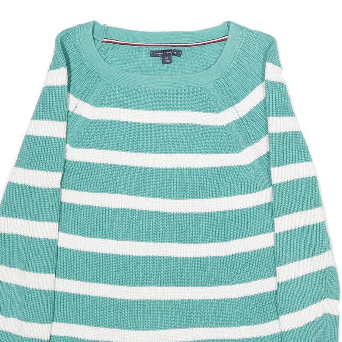 TOMMY HILFIGER Womens Green & White Patterned Cotton Jumper Round Neck Basic