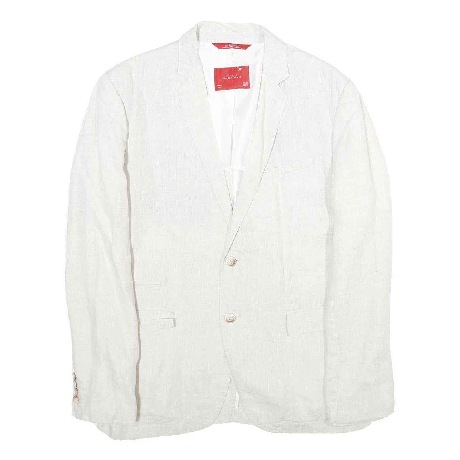 ZARA Mens White Casual Jacket L Woven Button Closure Classic Blazer Linen Look