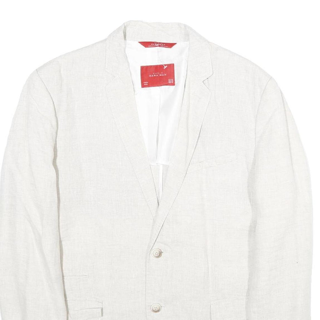 ZARA Mens White Casual Jacket L Woven Button Closure Classic Blazer Linen Look