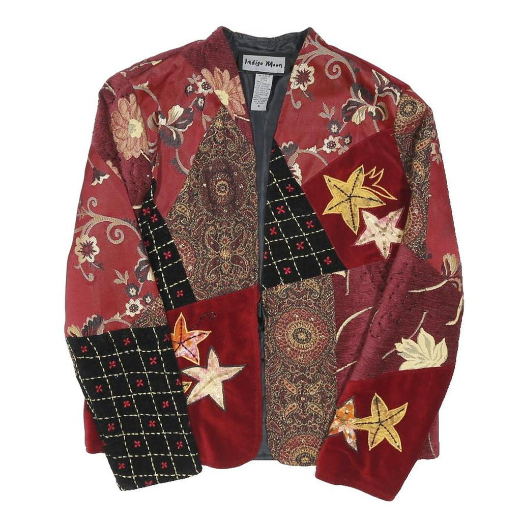 INDIGO MOON Womens Red Patchwork Velvet Floral Embroidered Jacket S Polyester