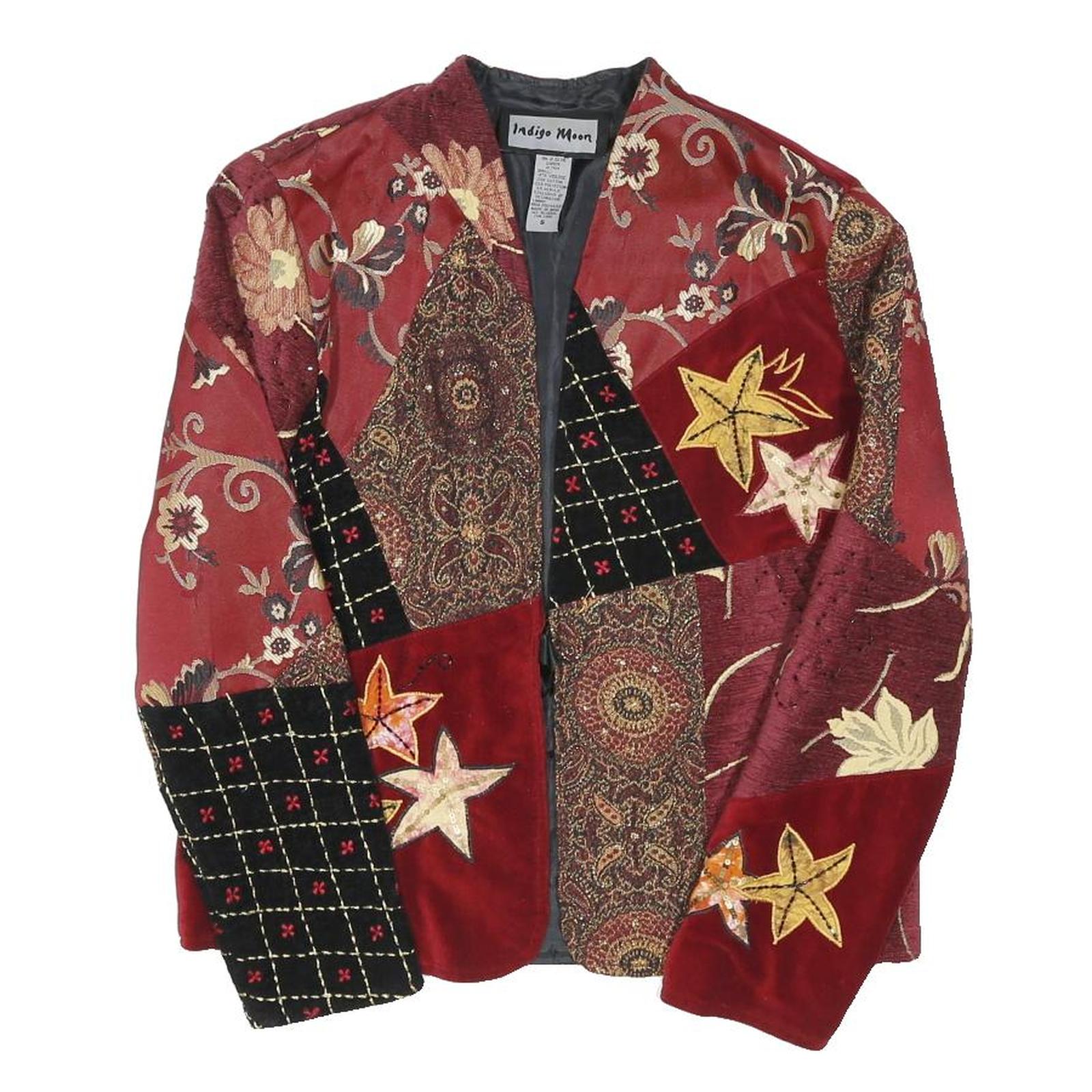 INDIGO MOON Womens Red Patchwork Velvet Floral Embroidered Jacket S Polyester