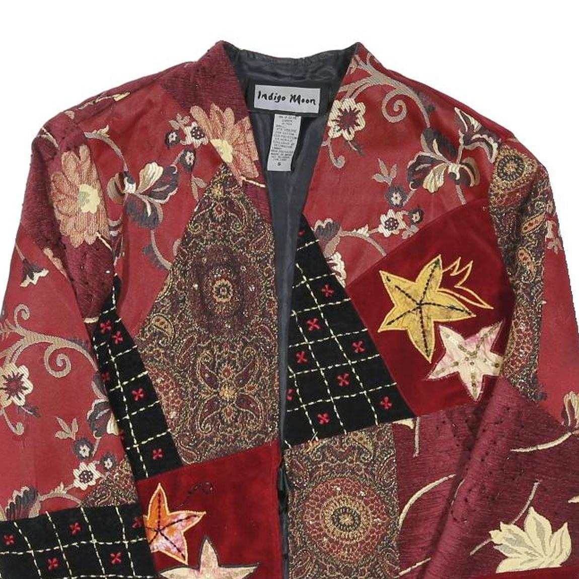 INDIGO MOON Womens Red Patchwork Velvet Floral Embroidered Jacket S Polyester