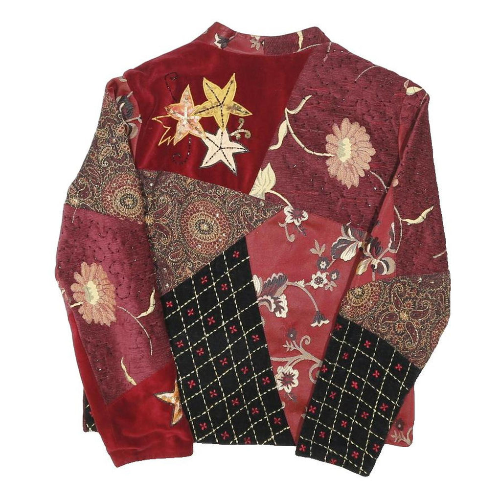 INDIGO MOON Womens Red Patchwork Velvet Floral Embroidered Jacket S Polyester