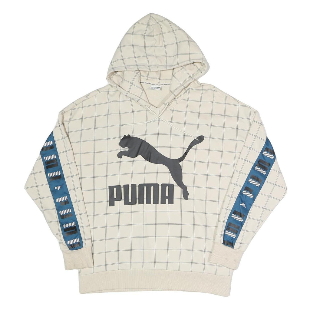PUMA Womens Cream Checked Logo Print Hoodie UK 10 Cotton Blend Drawstring