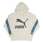 PUMA Womens Cream Checked Logo Print Hoodie UK 10 Cotton Blend Drawstring
