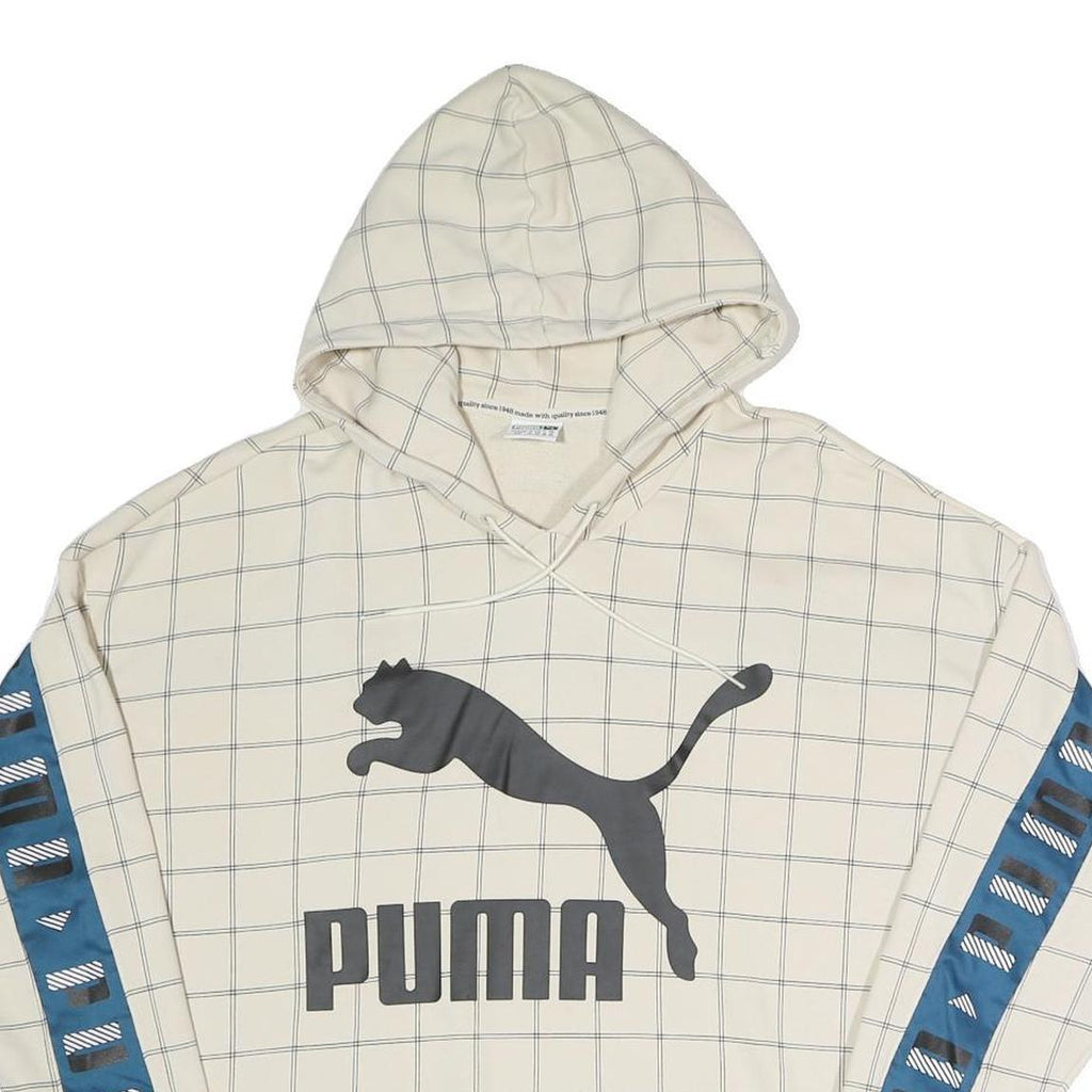 PUMA Womens Cream Checked Logo Print Hoodie UK 10 Cotton Blend Drawstring