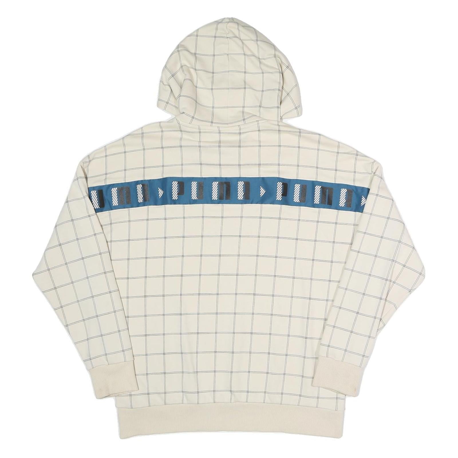 PUMA Womens Cream Checked Logo Print Hoodie UK 10 Cotton Blend Drawstring