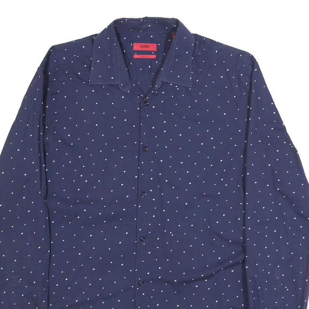 HUGO Mens Navy Blue Shirt M Cotton Blend Polka Dot Long Sleeve Button Collar