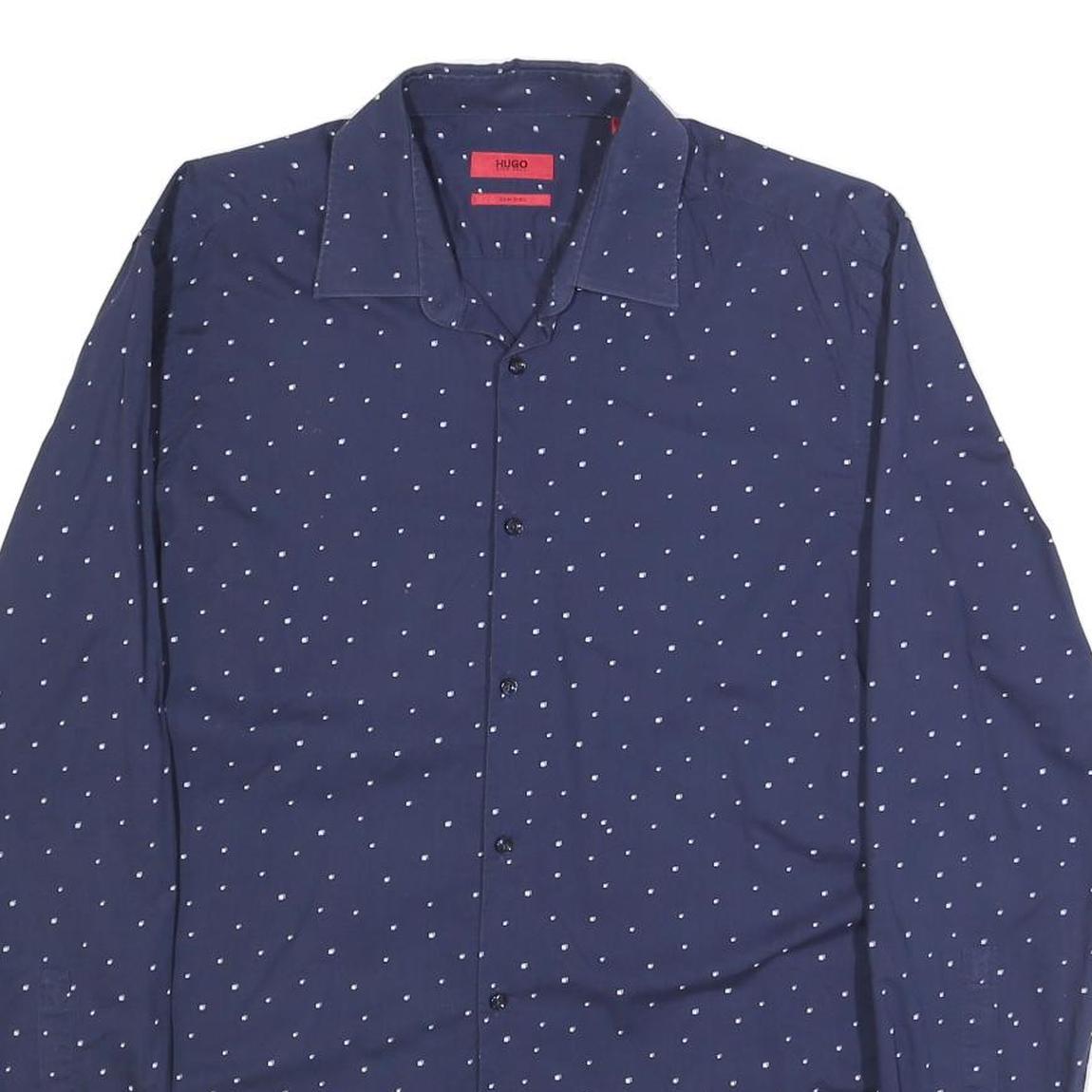 HUGO Mens Navy Blue Shirt M Cotton Blend Polka Dot Long Sleeve Button Collar