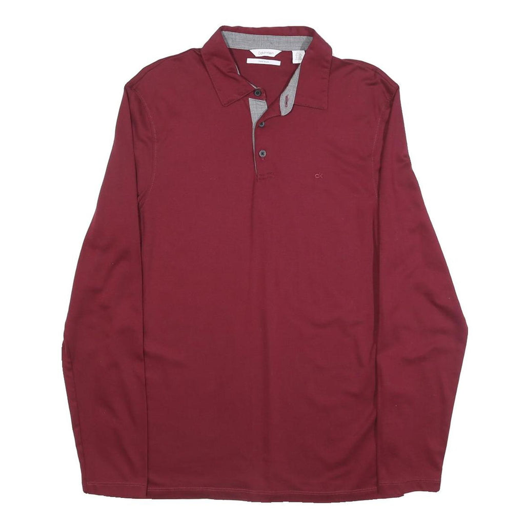 CALVIN KLEIN Mens Maroon Long Sleeve Plain Polo Shirt M Classic Fit