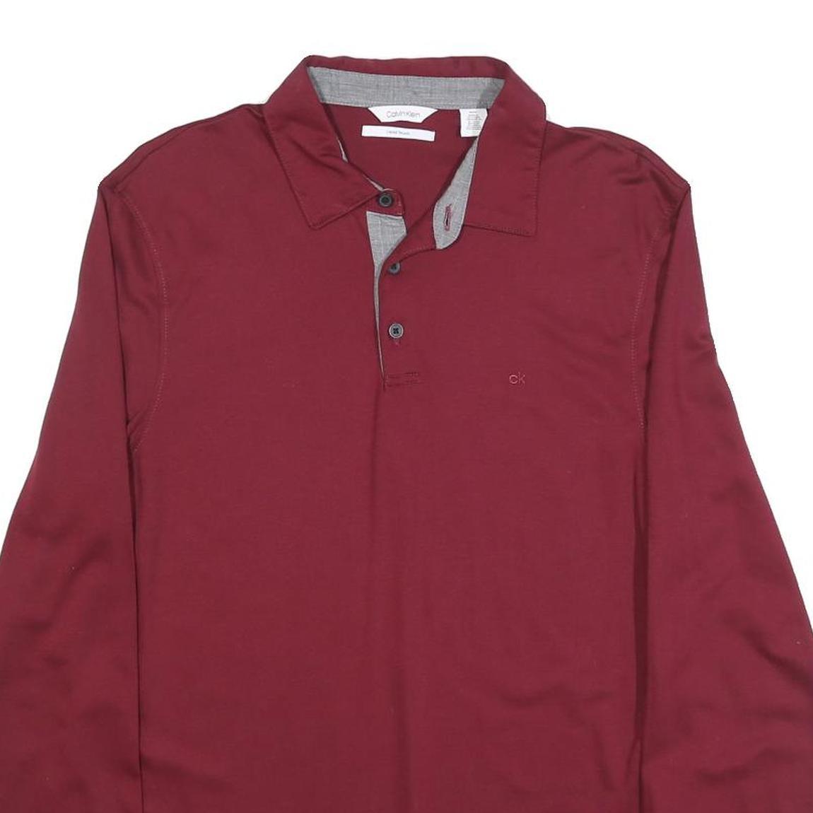 CALVIN KLEIN Mens Maroon Long Sleeve Plain Polo Shirt M Classic Fit