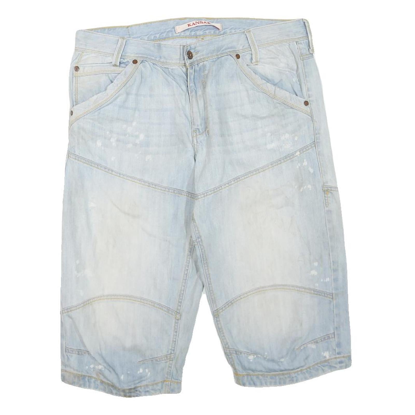 KANSAS Mens Shorts Light Blue Distressed Casual L W36 Cotton Blend Comfortable
