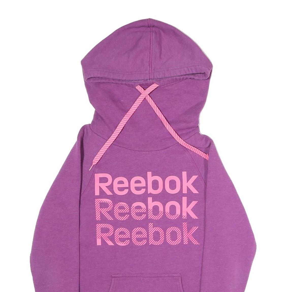 REEBOK Womens Purple Hoodie XS Pink Logo Print Pullover Sweatshirt