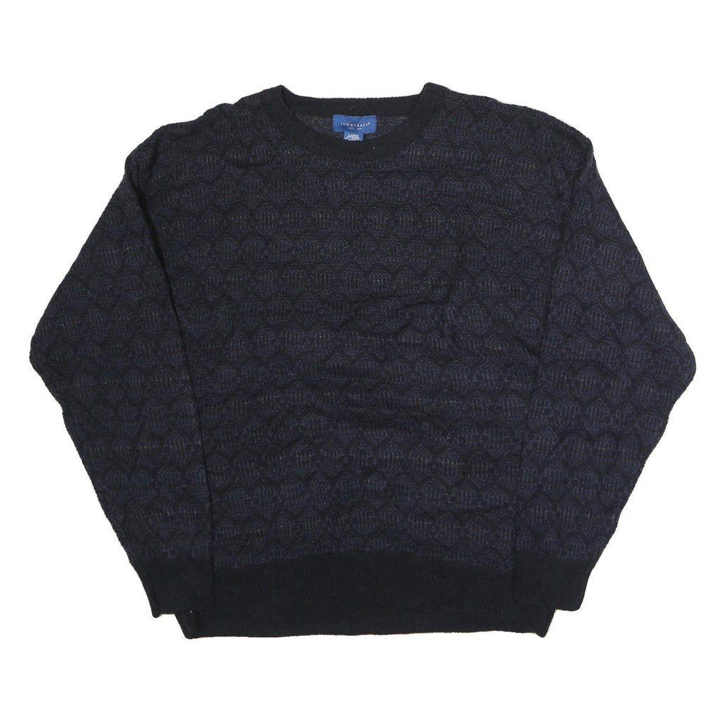 TOWN CRAFT Mens Navy & Black Patterned Wool Jumper Crew Neck Chunky Knit L