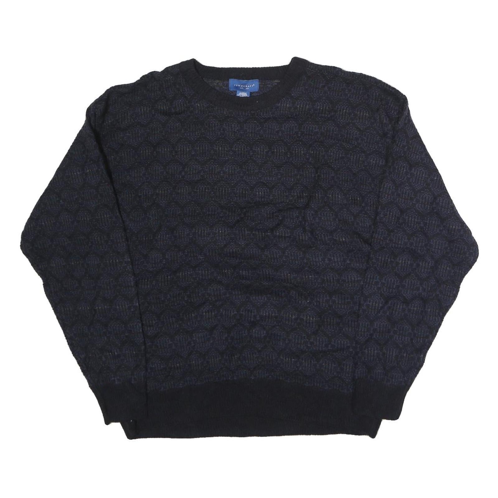 TOWN CRAFT Mens Navy & Black Patterned Wool Jumper Crew Neck Chunky Knit L
