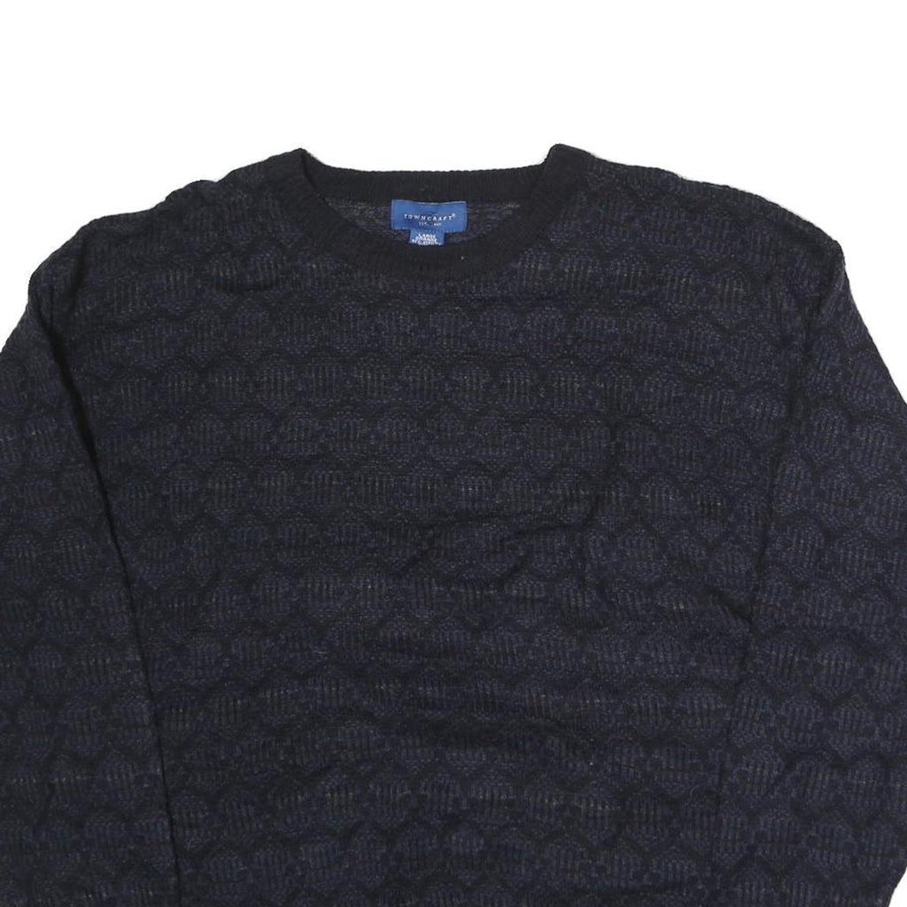 TOWN CRAFT Mens Navy & Black Patterned Wool Jumper Crew Neck Chunky Knit L