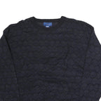 TOWN CRAFT Mens Navy & Black Patterned Wool Jumper Crew Neck Chunky Knit L