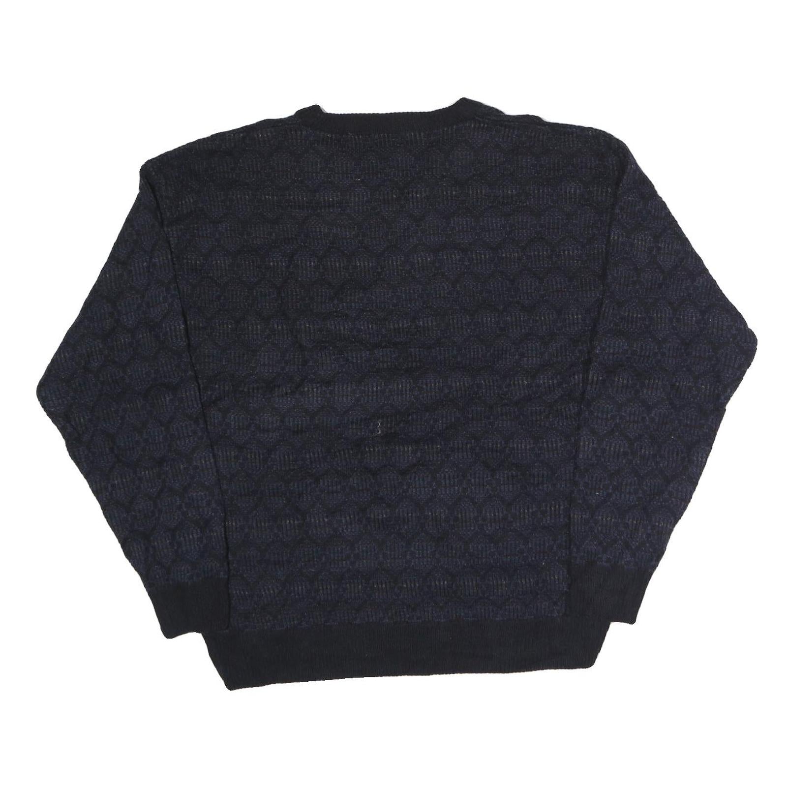 TOWN CRAFT Mens Navy & Black Patterned Wool Jumper Crew Neck Chunky Knit L