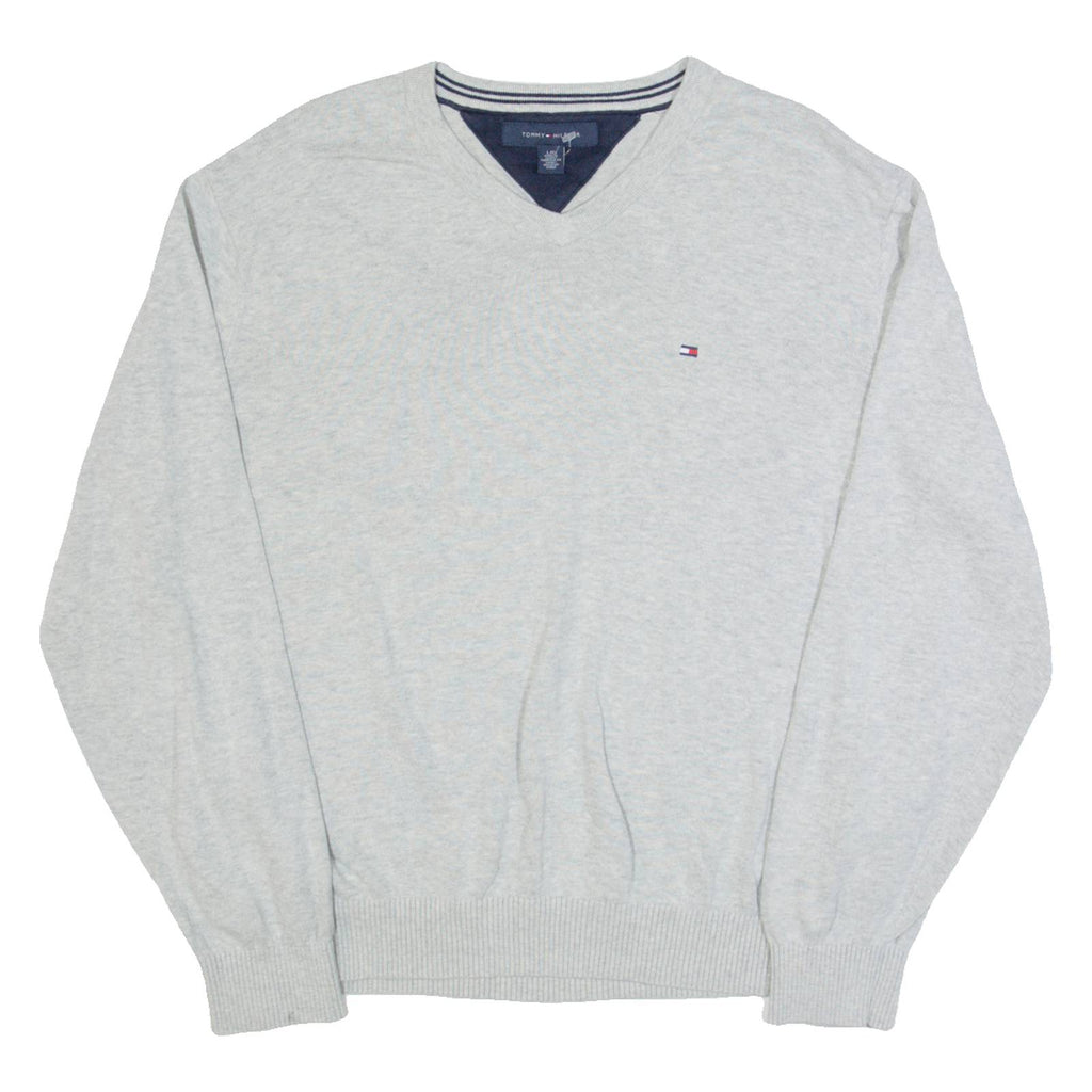 TOMMY HILFIGER Mens Jumper Grey V-Neck Tight Knit L
