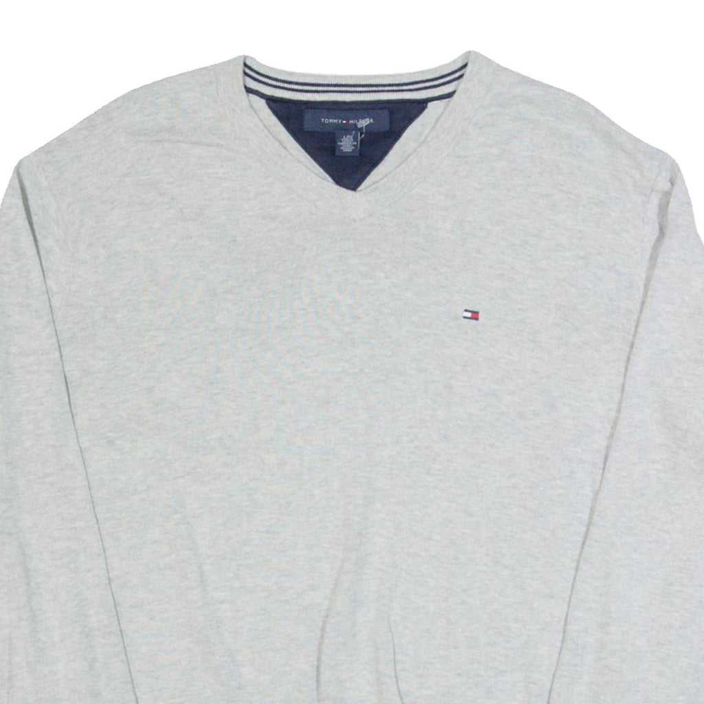 TOMMY HILFIGER Mens Jumper Grey V-Neck Tight Knit L