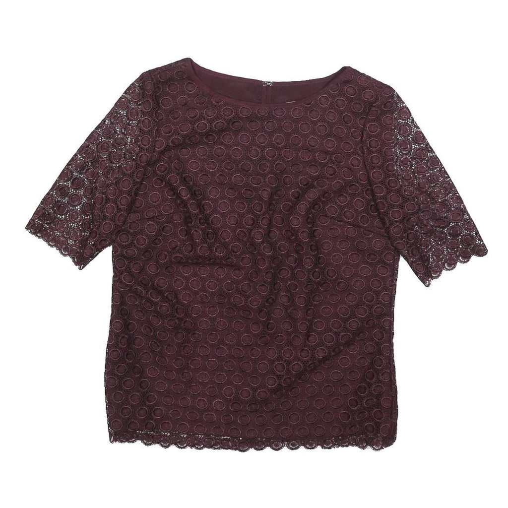 REISS Womens Maroon Printed Top Short Sleeve Round Neck UK 8 Elegant Polyester