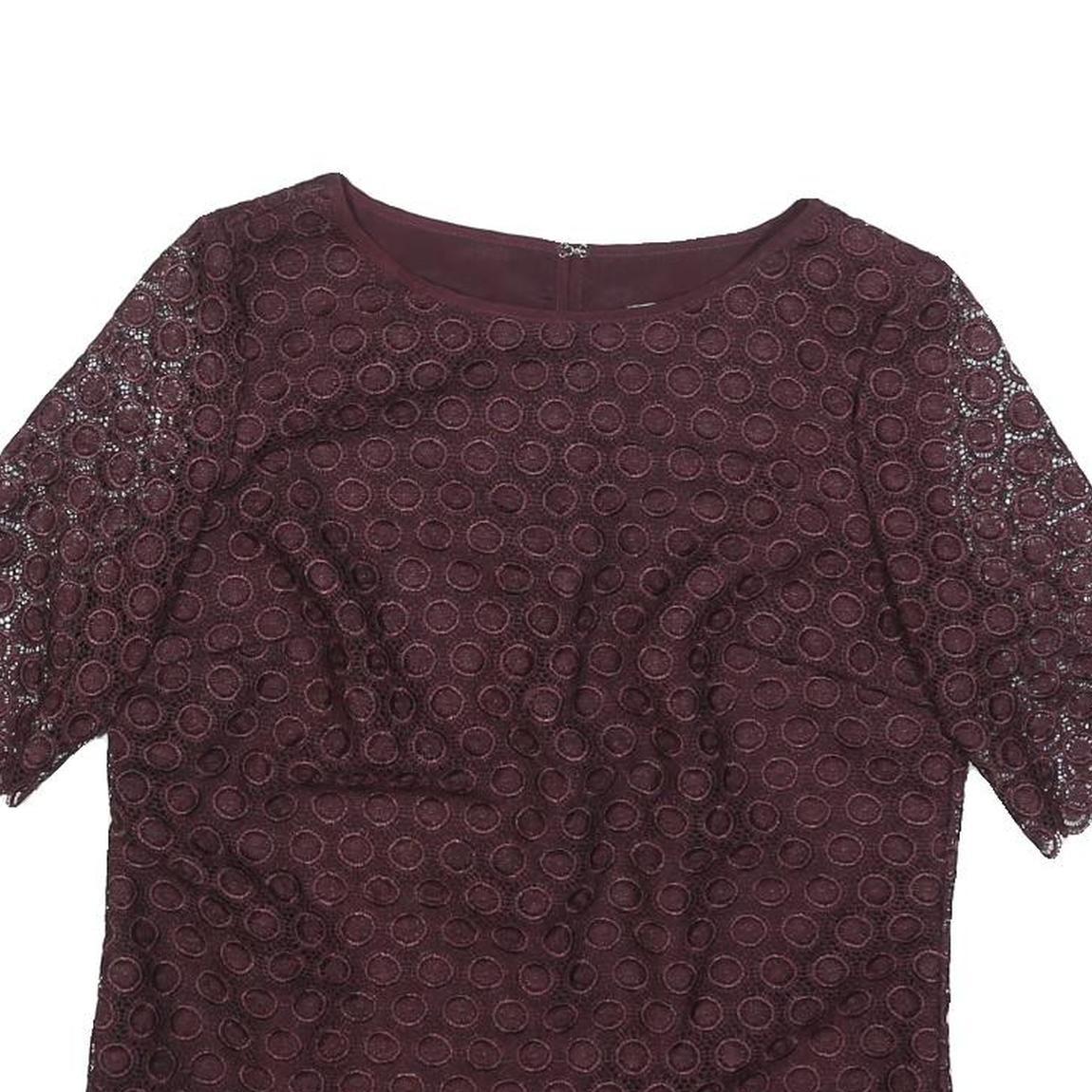 REISS Womens Maroon Printed Top Short Sleeve Round Neck UK 8 Elegant Polyester