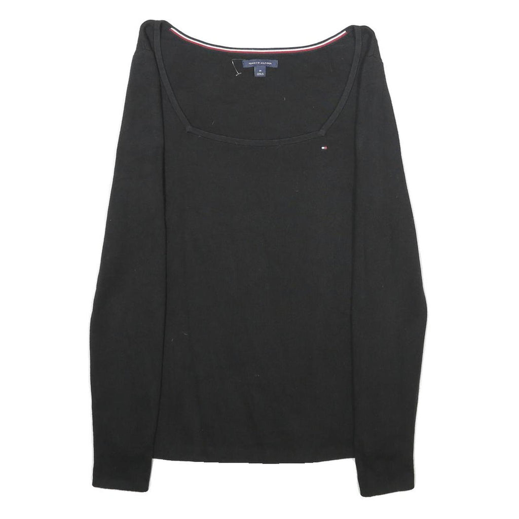 TOMMY HILFIGER Womens Black Plain Jumper Square Neck Basic Knit M Casual Cotton