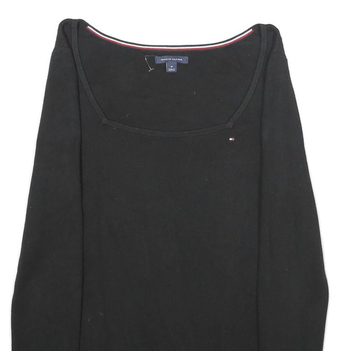 TOMMY HILFIGER Womens Black Plain Jumper Square Neck Basic Knit M Casual Cotton