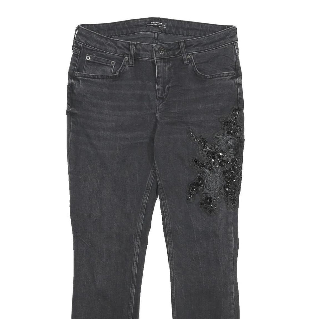 ZARA Womens Regular Black Skinny Denim Cotton Blend W30 L28 Embroidered Detail