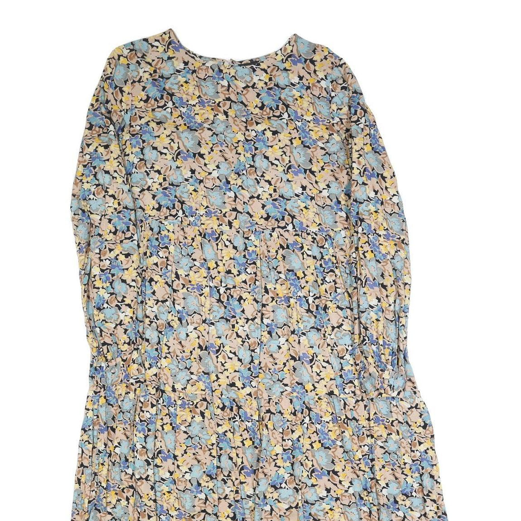 PIECES Womens Blue & Beige Floral Day Cotton Blend Dress M Midi Long Sleeve