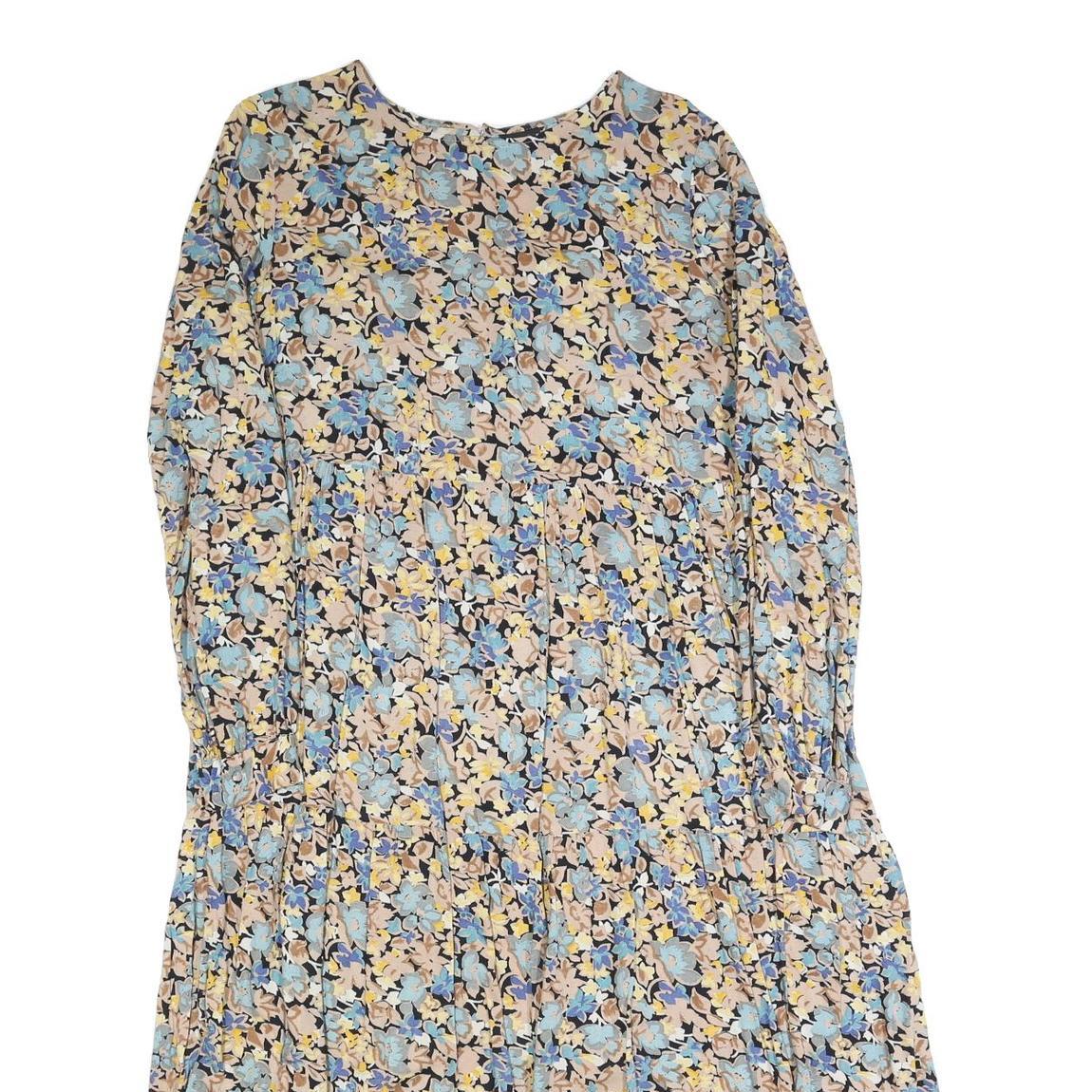 PIECES Womens Blue & Beige Floral Day Cotton Blend Dress M Midi Long Sleeve