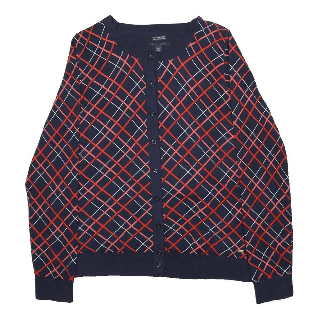 TOMMY HILFIGER Womens Navy Blue Red & White Patterned Button Up Jumper L Cotton