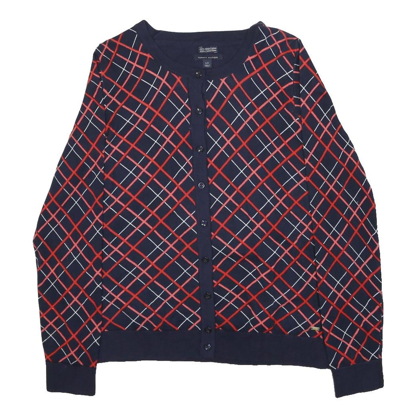 TOMMY HILFIGER Womens Navy Blue Red & White Patterned Button Up Jumper L Cotton