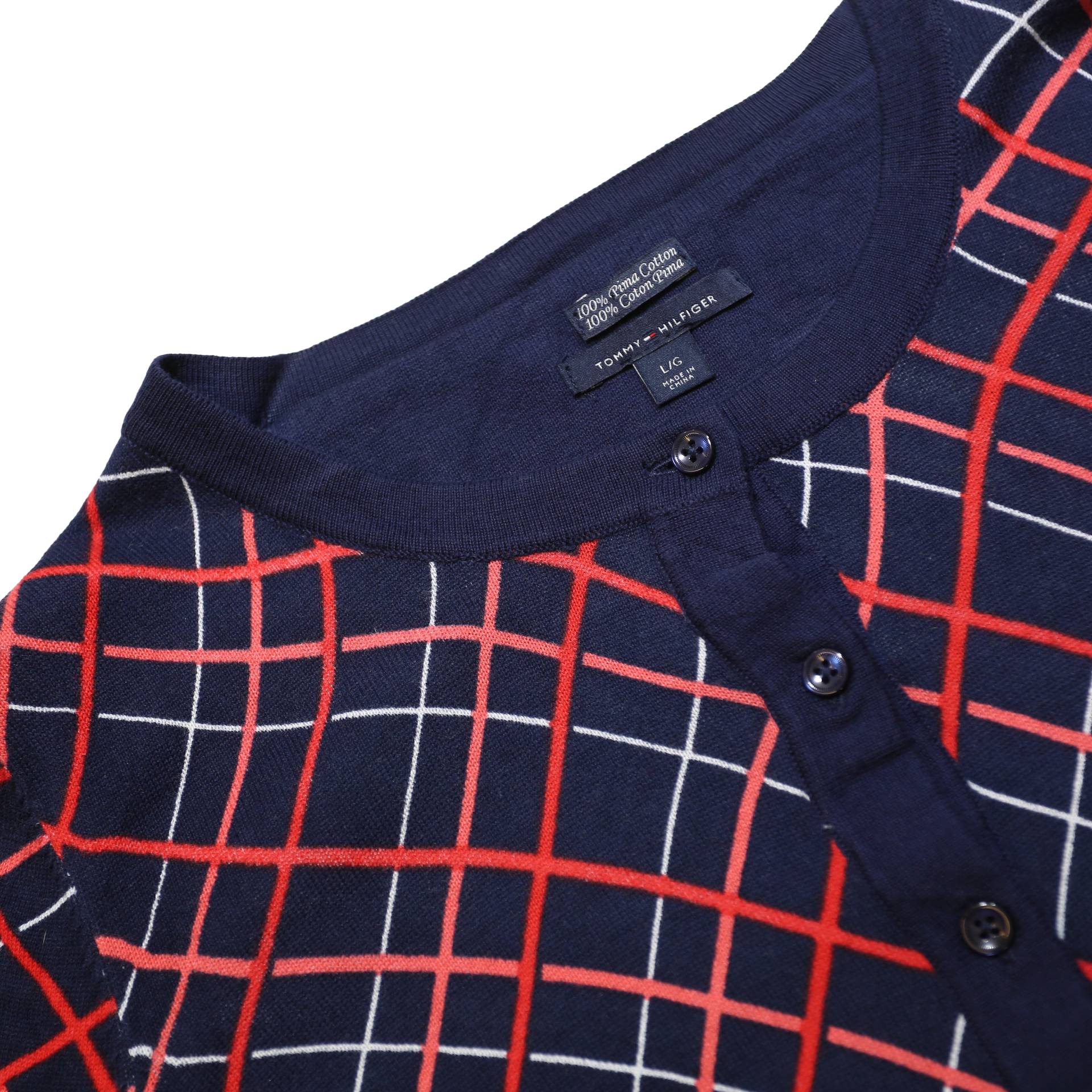 TOMMY HILFIGER Womens Navy Blue Red & White Patterned Button Up Jumper L Cotton