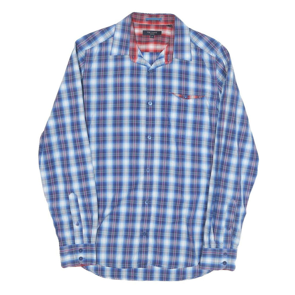 TED BAKER Mens Blue Check Shirt S Cotton Blend Casual Long Sleeve