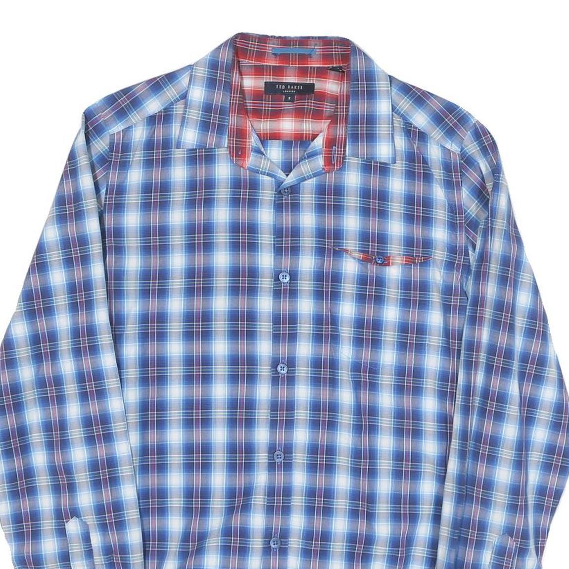 TED BAKER Mens Blue Check Shirt S Cotton Blend Casual Long Sleeve