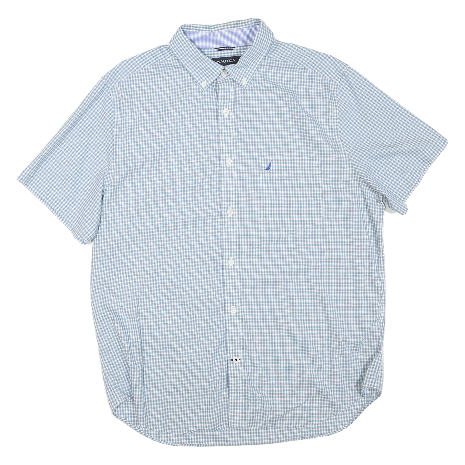 NAUTICA Mens Blue & White Check Shirt L Button-Down Collar Short Sleeve Cotton