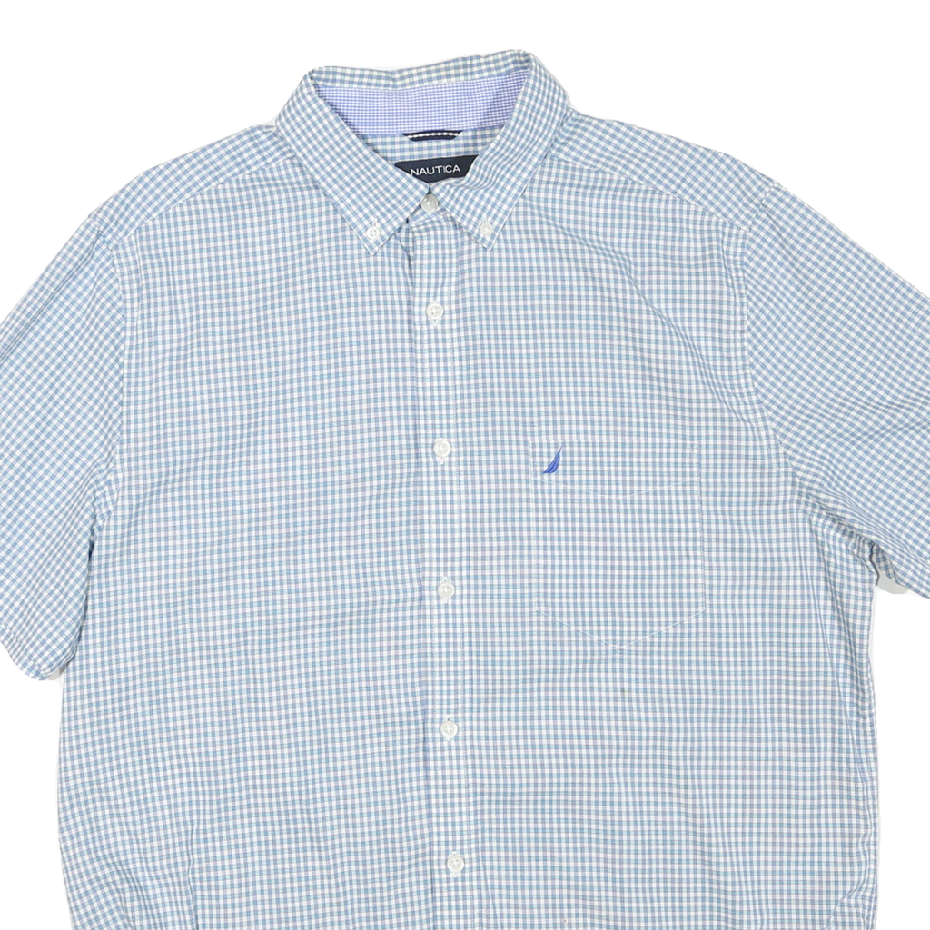 NAUTICA Mens Blue & White Check Shirt L Button-Down Collar Short Sleeve Cotton