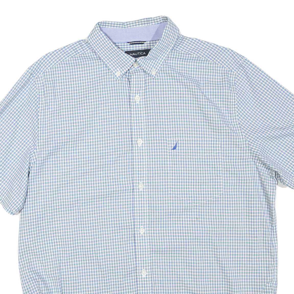 NAUTICA Mens Blue & White Check Shirt L Button-Down Collar Short Sleeve Cotton
