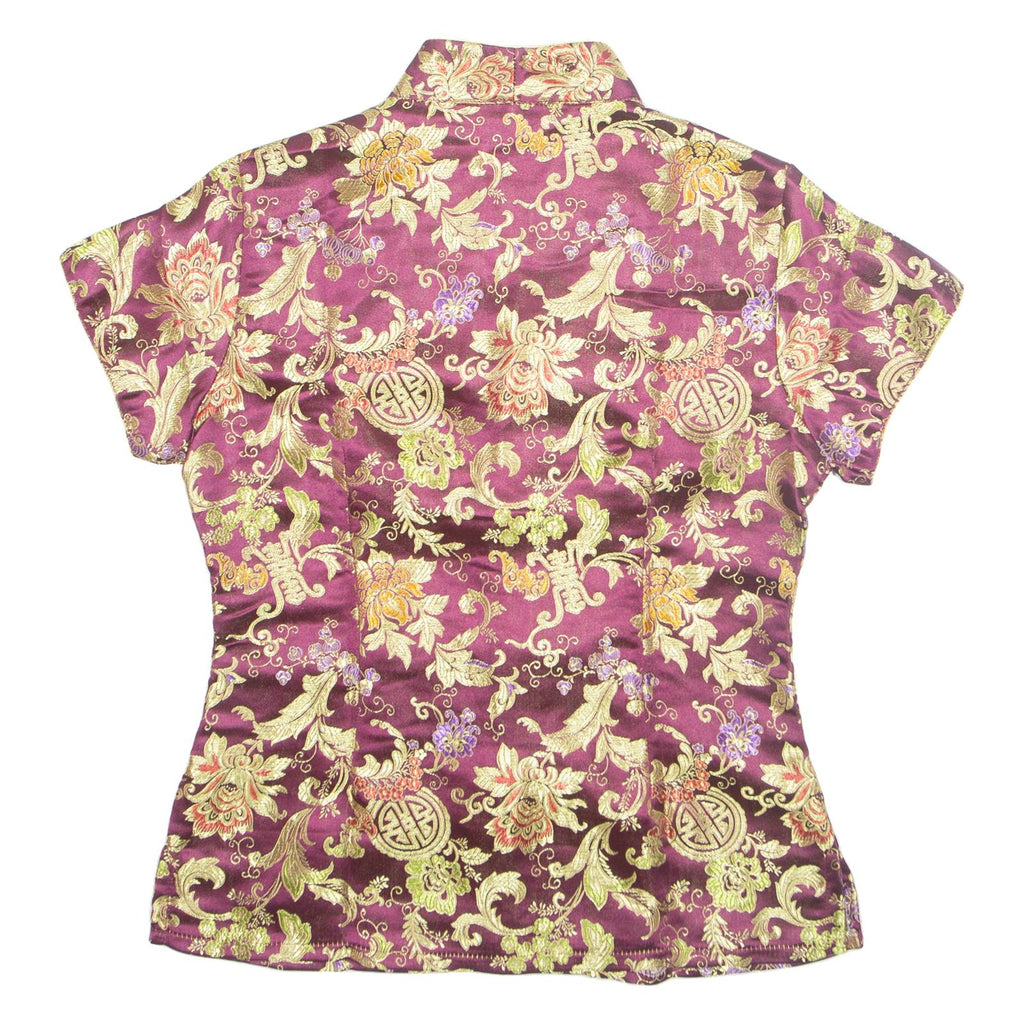 KAIYU Eastern Inspired Womens Printed Top Maroon V-Neck Floral S