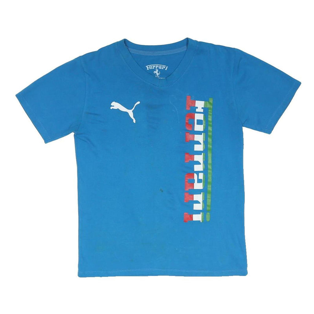 FERRARI Womens Blue Graphic T-Shirt S Short Sleeve V-Neck Racing Style