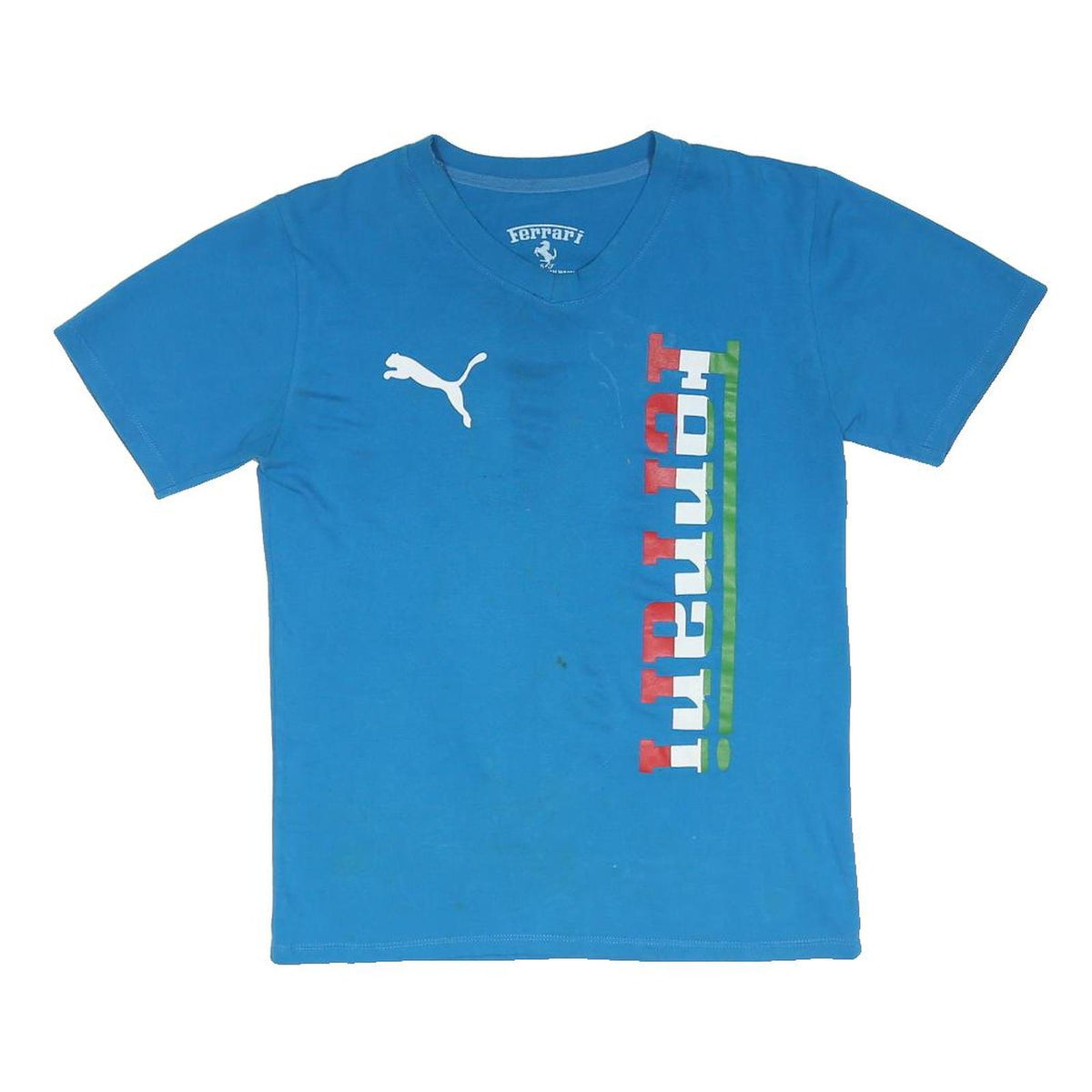FERRARI Womens Blue Graphic T-Shirt S Short Sleeve V-Neck Racing Style