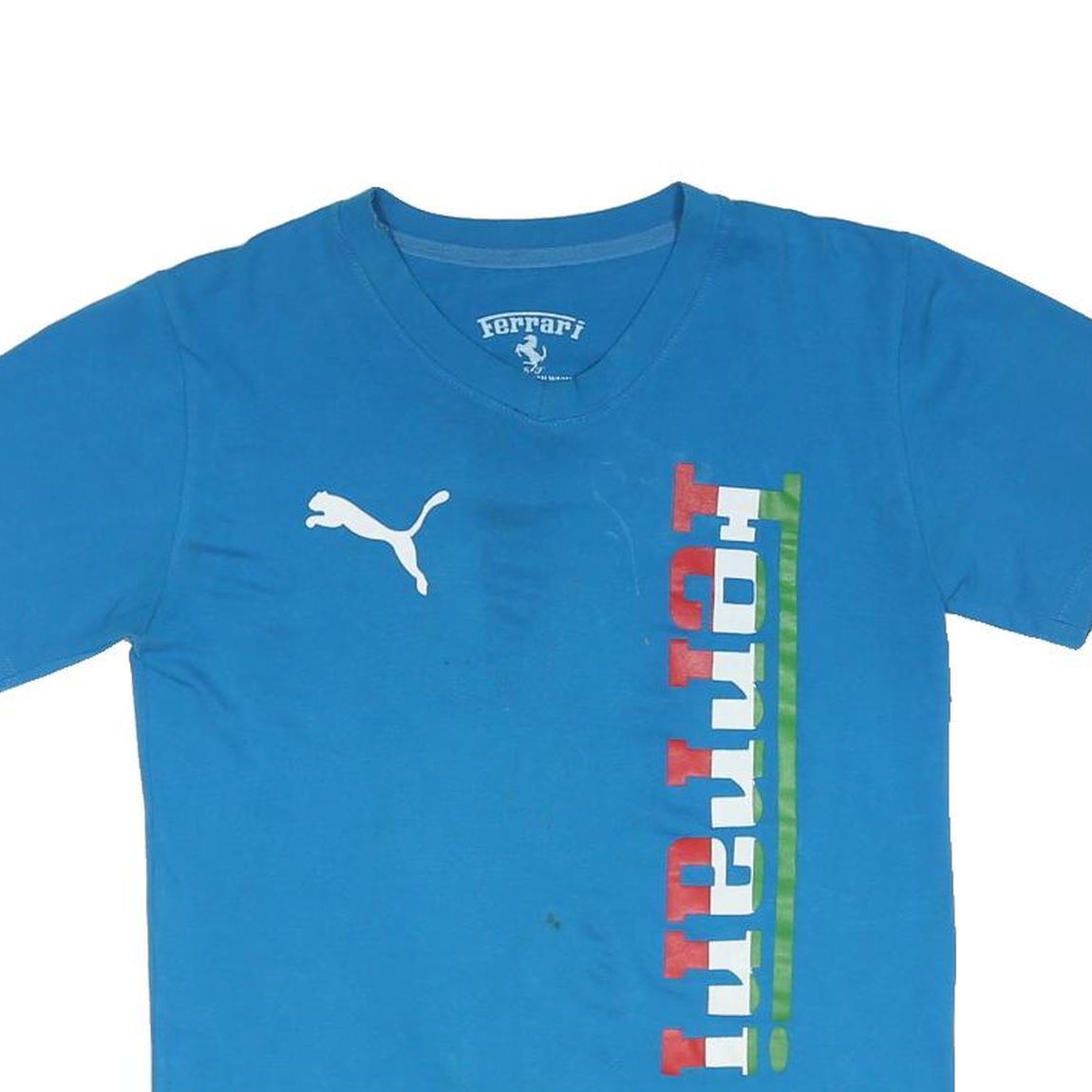 FERRARI Womens Blue Graphic T-Shirt S Short Sleeve V-Neck Racing Style