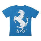 FERRARI Womens Blue Graphic T-Shirt S Short Sleeve V-Neck Racing Style