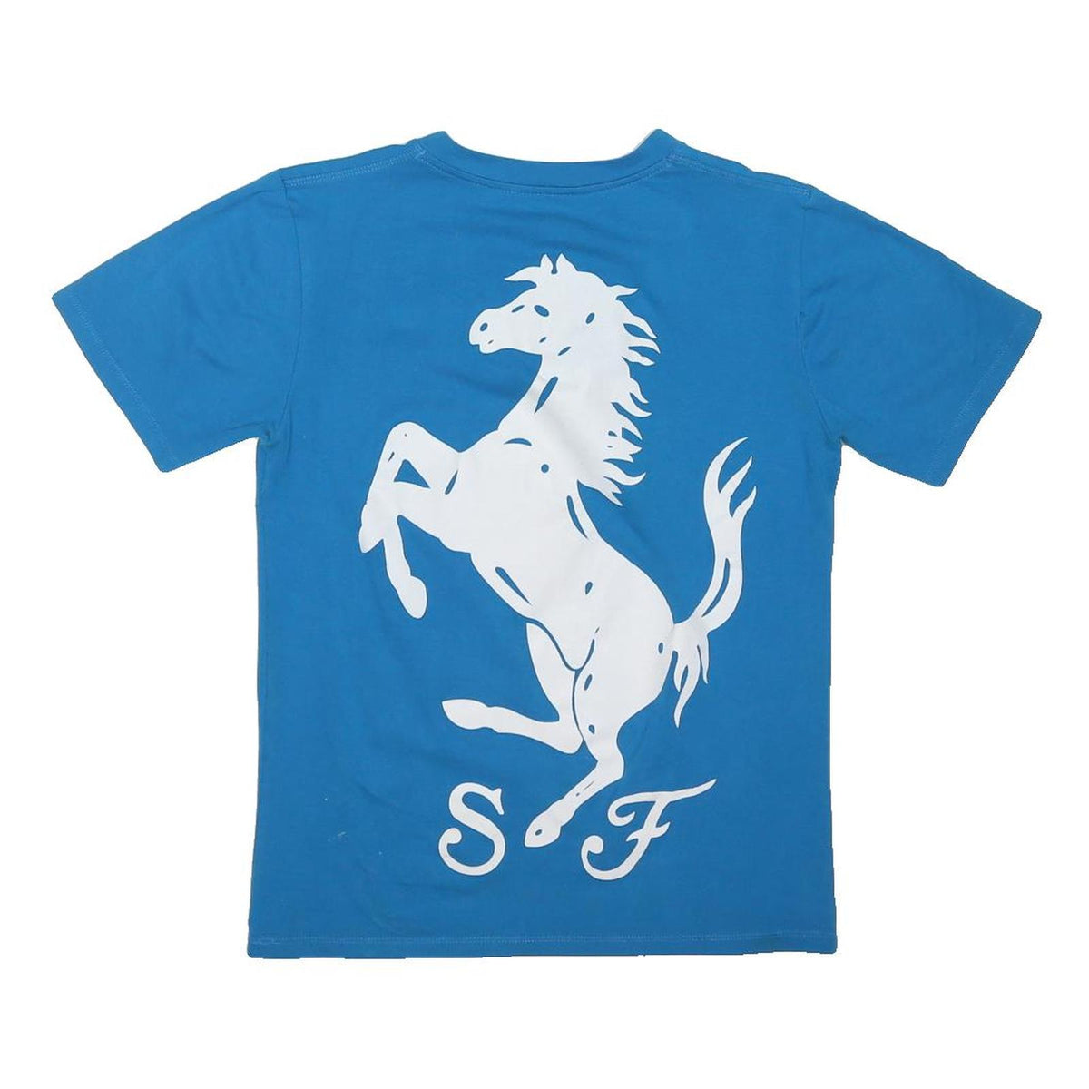 FERRARI Womens Blue Graphic T-Shirt S Short Sleeve V-Neck Racing Style
