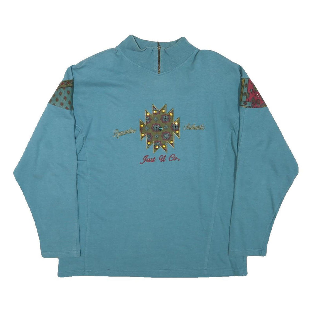 JUST U Womens Blue Cotton Blend Crew Neck L Embroidered Zip Sweatshirt