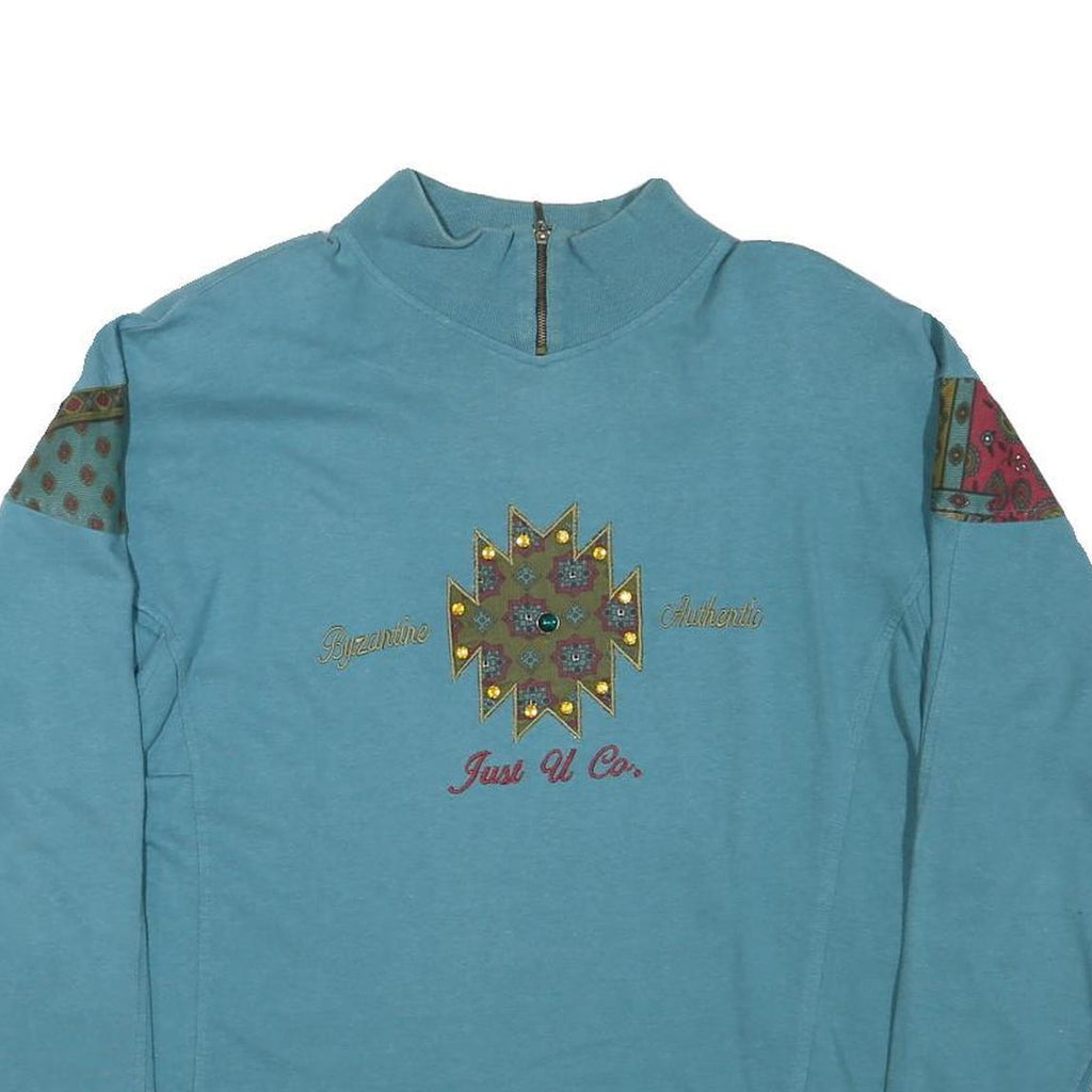 JUST U Womens Blue Cotton Blend Crew Neck L Embroidered Zip Sweatshirt