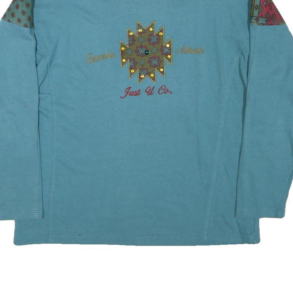 JUST U Womens Blue Cotton Blend Crew Neck L Embroidered Zip Sweatshirt