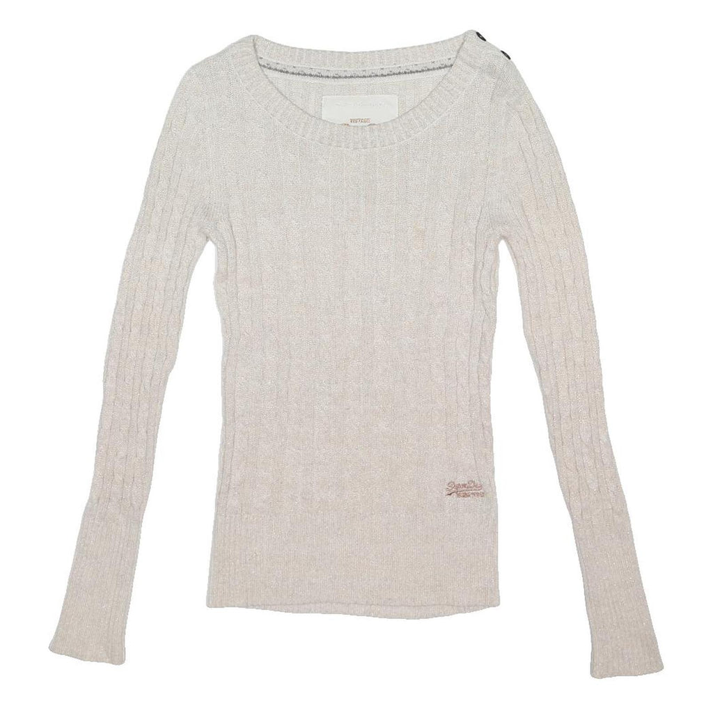 SUPERDRY Womens White Patterned Jumper Cable Knit Crew Neck S Cotton Blend Slim